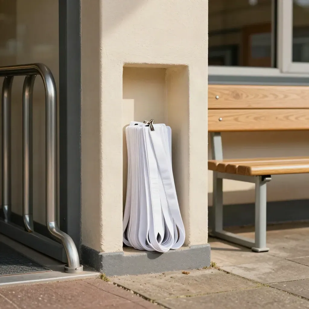 Recess met witte lanyards, fietsrekken en bankje bij een campusentree