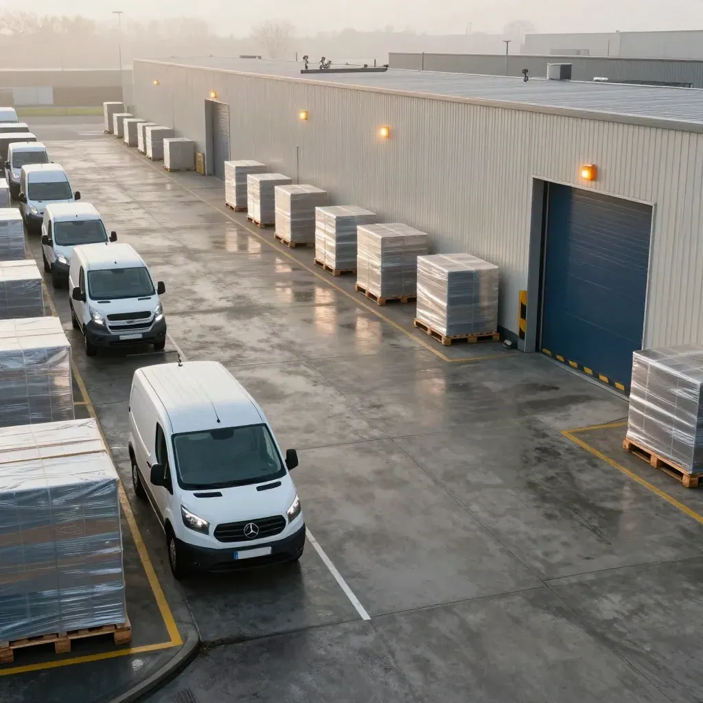 Nieuwe laadkade met bestelbusvakken, palletstellingen en mistig ochtendlicht