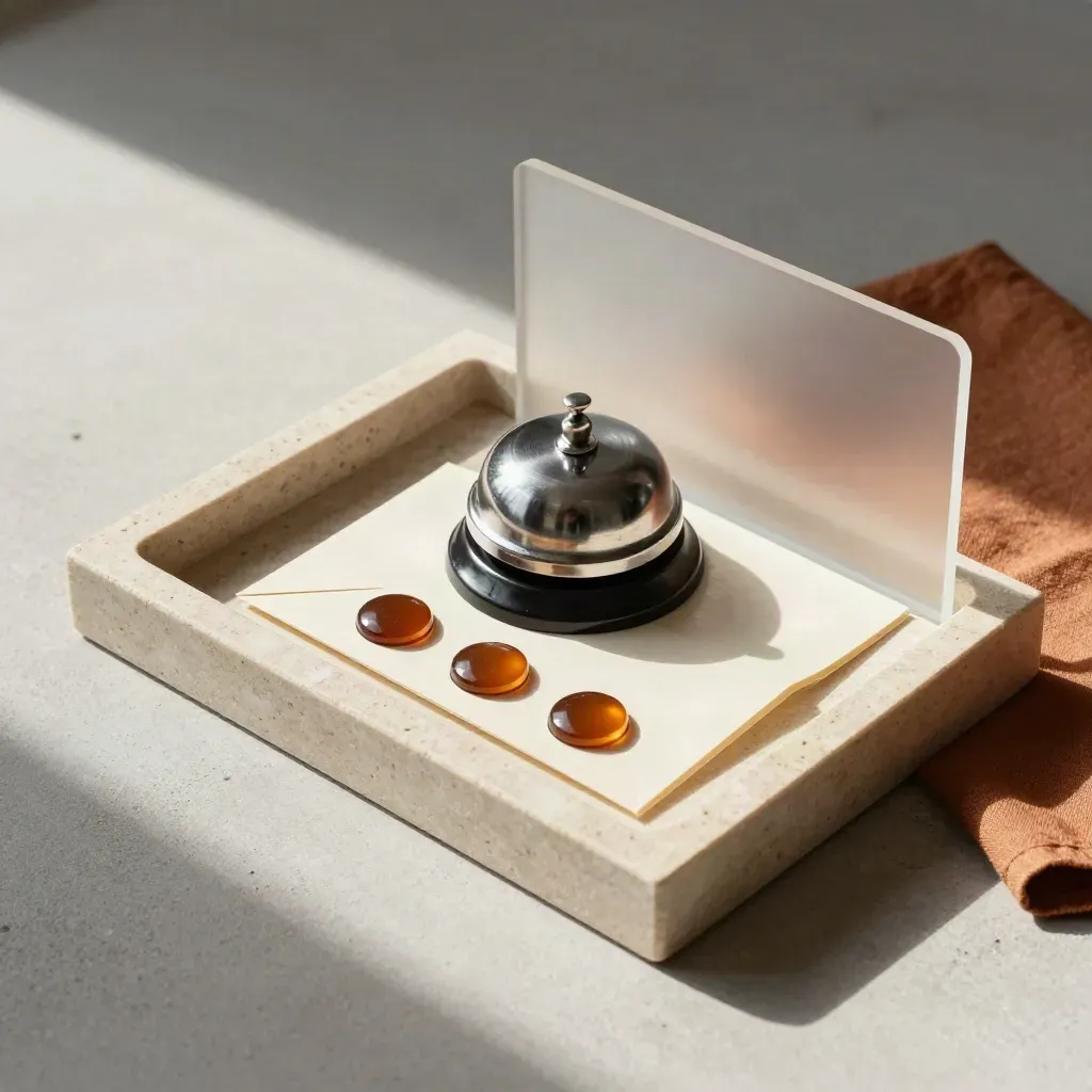 Bovenaanzicht van reply-tabs, een metalen bel en notificatieknoppen op een stenen tray.