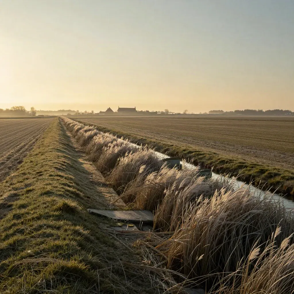 West-Brabantse polder met dijk, riet en verre gevelsilhouet in gouden avondlicht