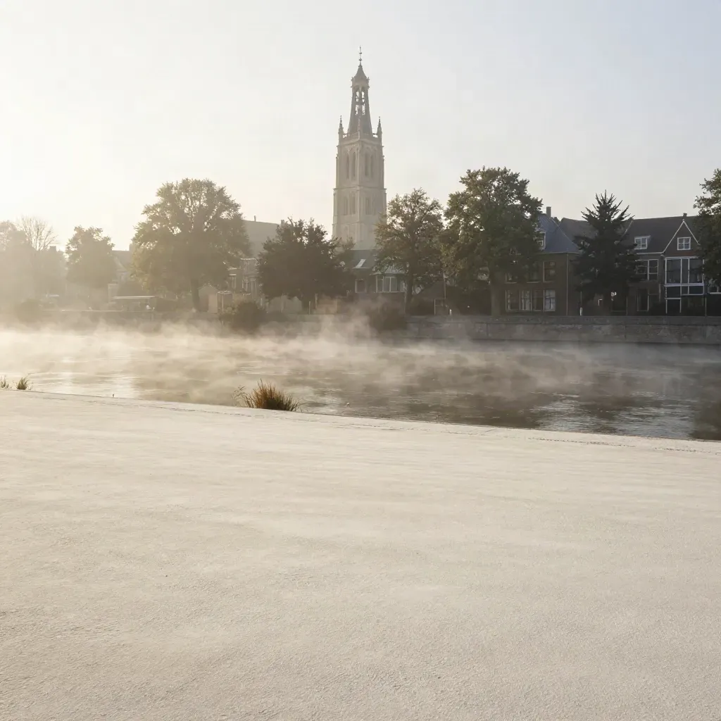 Utrechtse rivieroevers met de Domtoren in ochtendmist en zachte watergrond